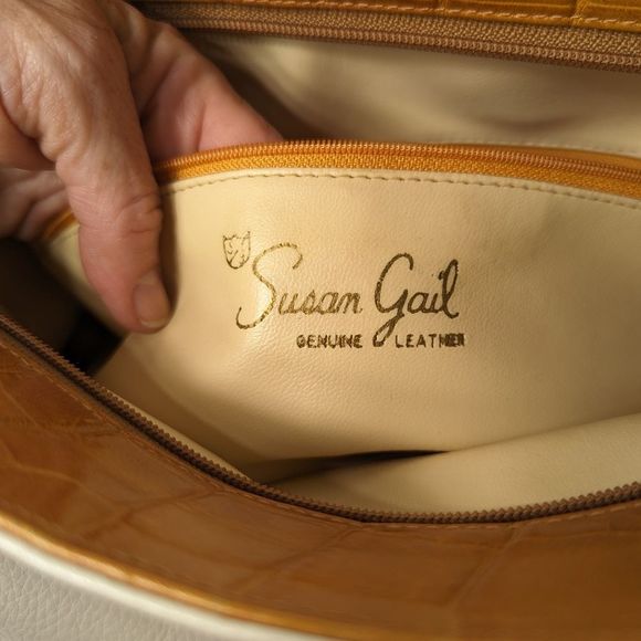 Vintage Cream Leather Shoulder Crossbody Bag Croc Print Trim Susan Gail - Picture 6 of 14